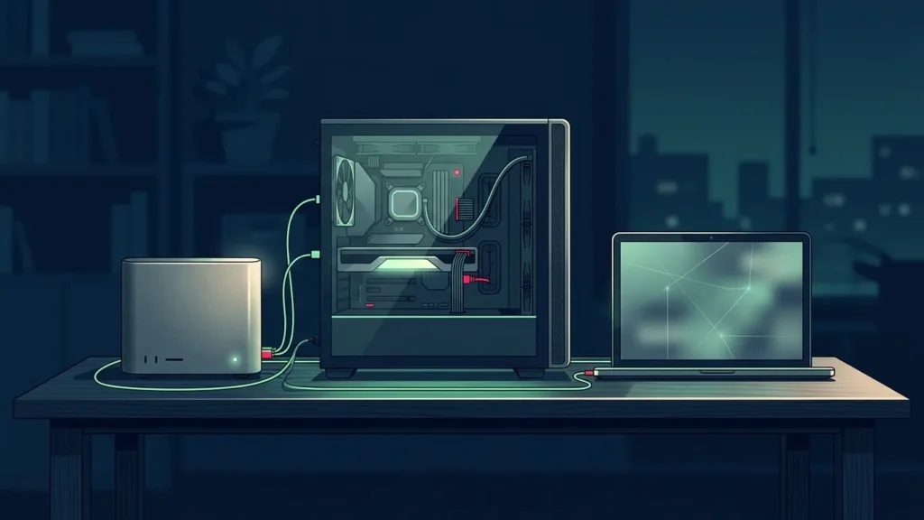 Tre computer di dimensioni diverse su una scrivania d'ufficio di notte, collegati da cavi luminosi