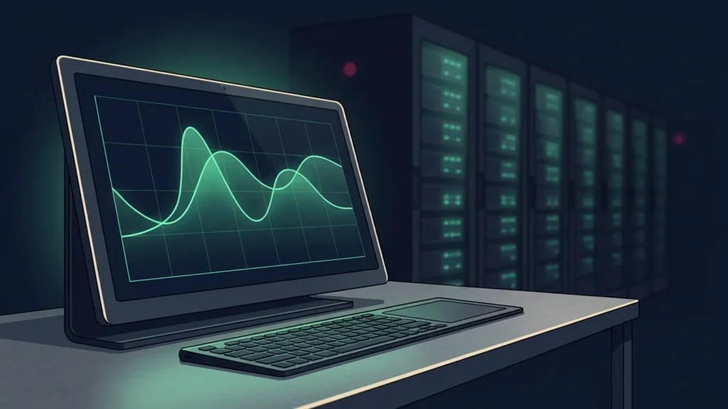 Monitor con un grafico di traffico che sale, davanti a una lunga fila di server con le luci verdi accese
