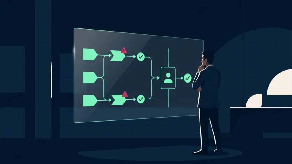 Un uomo davanti a uno schermo con un diagramma di passaggi, due segnali di allarme e un'approvazione finale