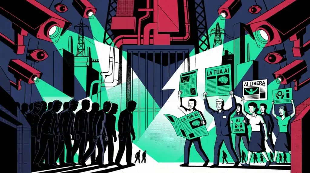 Lavoratori scambiano volantini luminosi e giornali con messaggi di speranza sull'Intelligenza Artificiale libera, uscendo dal controllo del sistema.