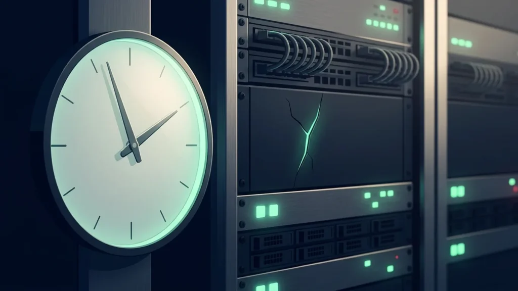 Orologio da parete senza numeri accanto a un armadio di server con una crepa già richiusa