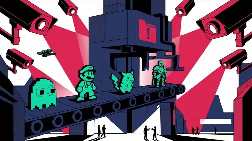 Icone di retro-gaming come Super Mario, Pac-Man e Pikachu su una catena di montaggio minacciati da una pressa industriale con l'avviso di violazione copyright.